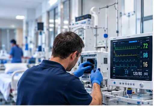 Illustration d’un technicien biomédical intervenant sur un équipement de surveillance médicale