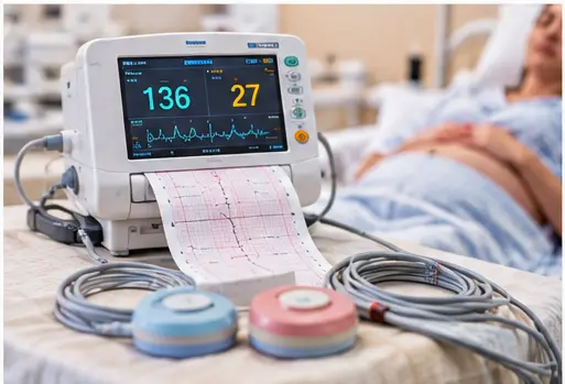 Illustration d’un cardiotocographe avec capteurs de monitoring fœtal